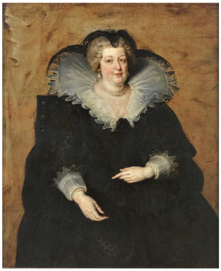 Half-length portrait of Marie de’ Medici seated against a warm plain background, wearing a black gown with a large white ruff, pearl necklace and earrings, and gently gesturing hands, painted with Rubens’s soft light and dignified restraint.