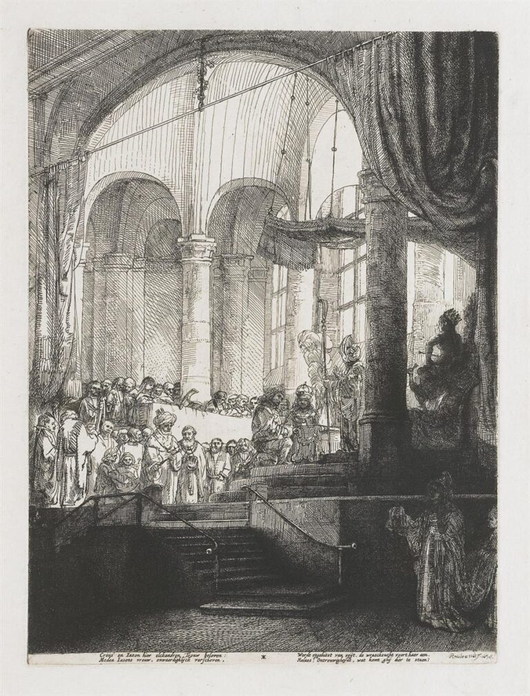 Rembrandt’s 1648 etching of a grand wedding set under high arches with priests and crowds at a bright dais, sweeping draperies overhead, and the darkened figure of Medea watching from a shadowed foreground niche at the right.