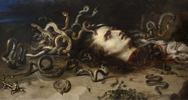 Horizontal painting of Medusa’s severed head lying on a stone ledge with hair transformed into writhing snakes; her pale face tilts upward as blood seeps from the neck, while spiders, a scorpion, and a lizard creep nearby against a dark rocky background.