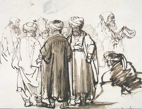 A lively ink-and-wash drawing shows several turbaned men in long robes gathered in discussion, while at the right a hooded beggar is sketched twice—standing and crouched—rendered with swift lines and soft brown wash.
