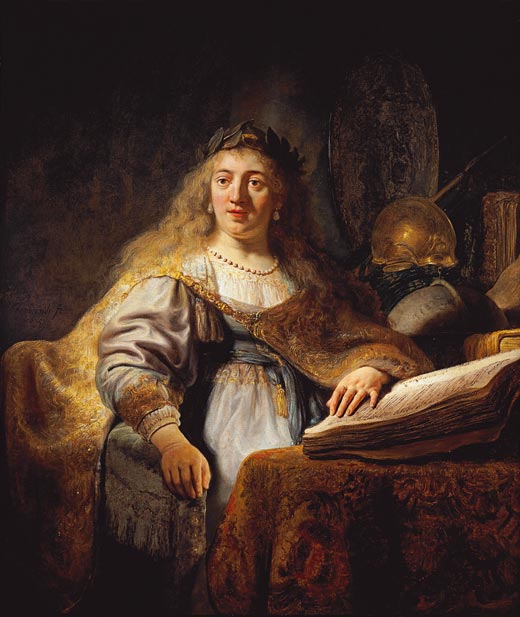 Rembrandt’s Minerva seated in a study, laurel-crowned and richly robed, one hand on an open book while helmet, shield, and gorget sit in shadow behind her; warm light highlights satin, gold brocade, and parchment.