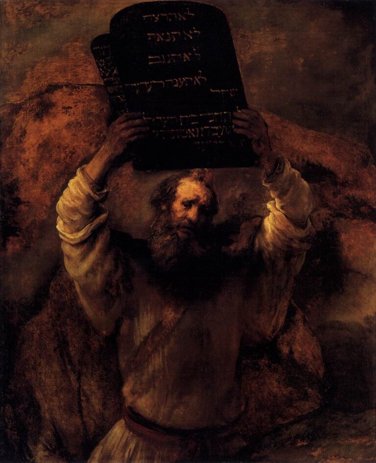 Rembrandt’s late painting of Moses raising the stone tablets above his head on a rocky mountainside, sleeves rolled, face lit with fierce resolve, Hebrew letters glowing on the dark slabs as he prepares to smash them.