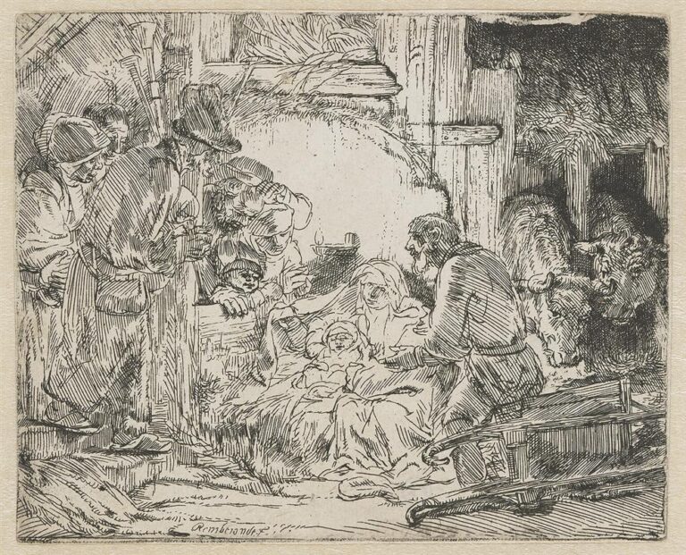 Rembrandt etching of the Nativity inside a rustic barn: Mary reclines with the swaddled infant as Joseph kneels beside her; shepherds crowd the doorway at left, two cattle peer from the shadow at right, and a sled rests in the foreground.