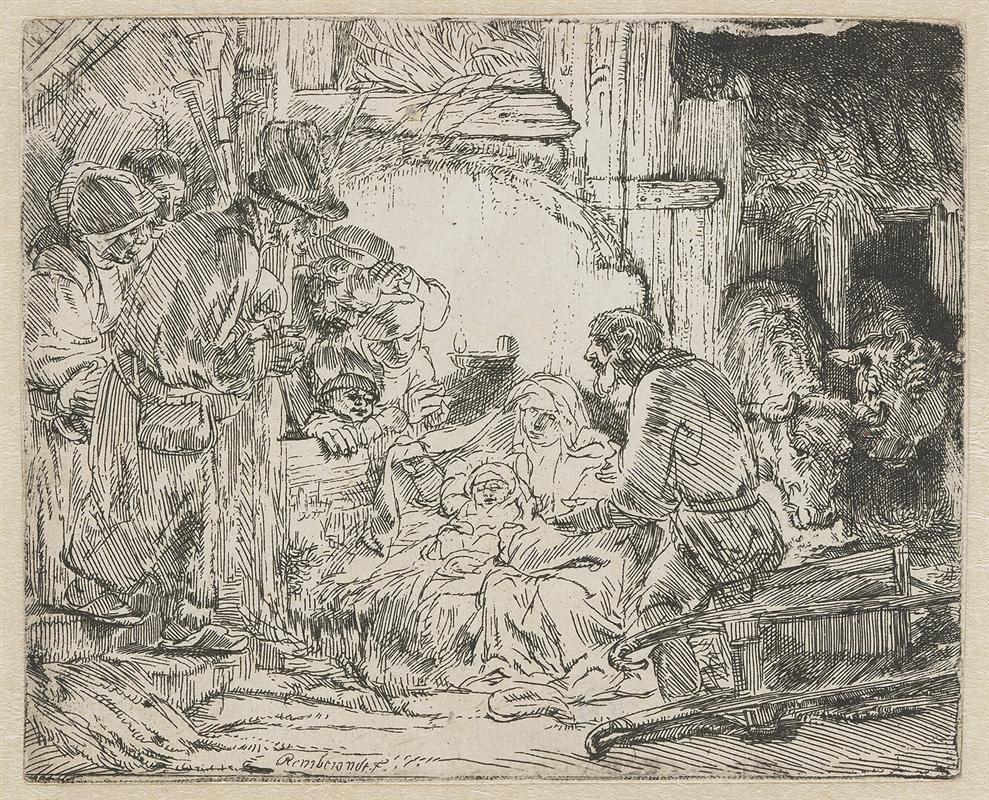Rembrandt etching of the Nativity inside a rustic barn: Mary reclines with the swaddled infant as Joseph kneels beside her; shepherds crowd the doorway at left, two cattle peer from the shadow at right, and a sled rests in the foreground.