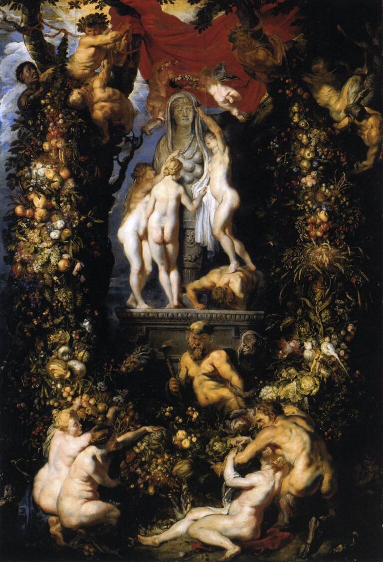 In a wooded glade, three nude Graces adorn a veiled, many-breasted statue of Nature on a pedestal as putti raise a red canopy overhead; colossal garlands of fruit frame the scene while satyrs and nymphs gather harvest offerings in a lavish, light-struck celebration of abundance.