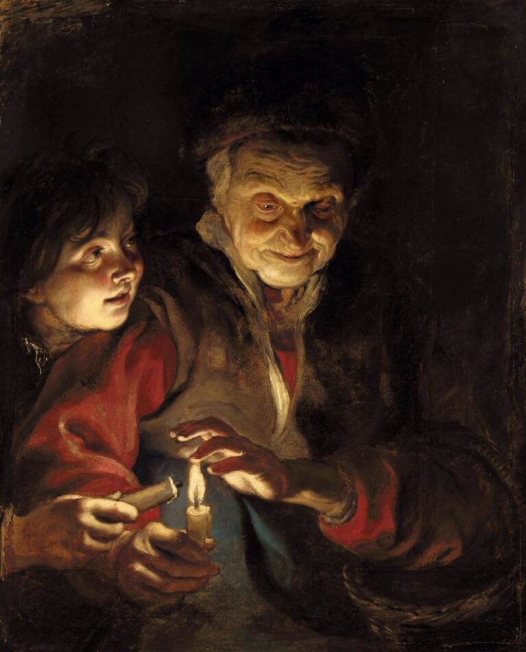 In deep darkness an elderly woman shelters a candle’s flame while a boy brings a fresh taper to be lit; warm light models their faces and hands, reddish sleeves glow, and the surrounding space dissolves into a soft, velvety black.