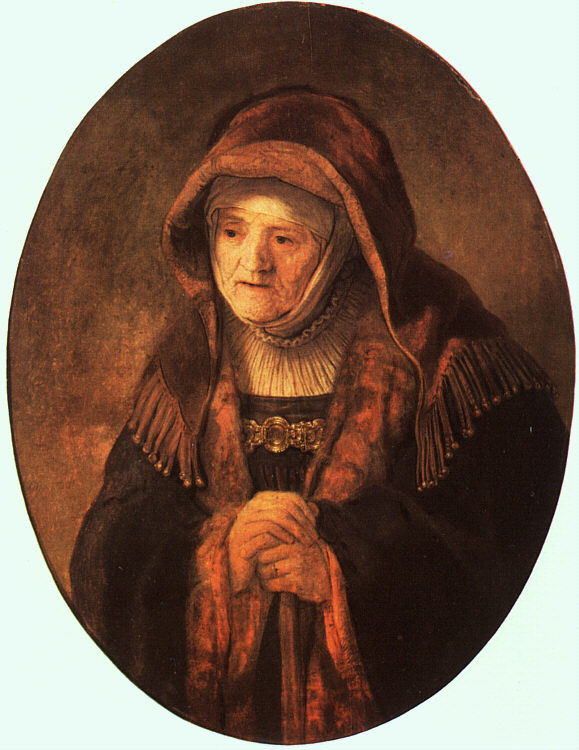 Oval 1639 portrait by Rembrandt of an elderly woman in a hooded mantle clasping her hands over a walking stick; warm brown and red tones, gentle light on the lined face and fingers, and soft shadows that frame a calm, thoughtful expression.