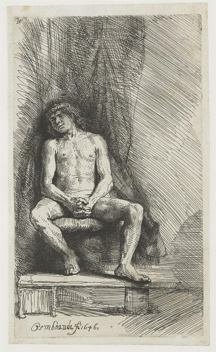 Etching of a nude man seated on a low block with legs apart and hands loosely clasped, head tilted left; a heavily cross-hatched curtain forms a dark backdrop while a stepped platform with Rembrandt’s signature anchors the foreground.