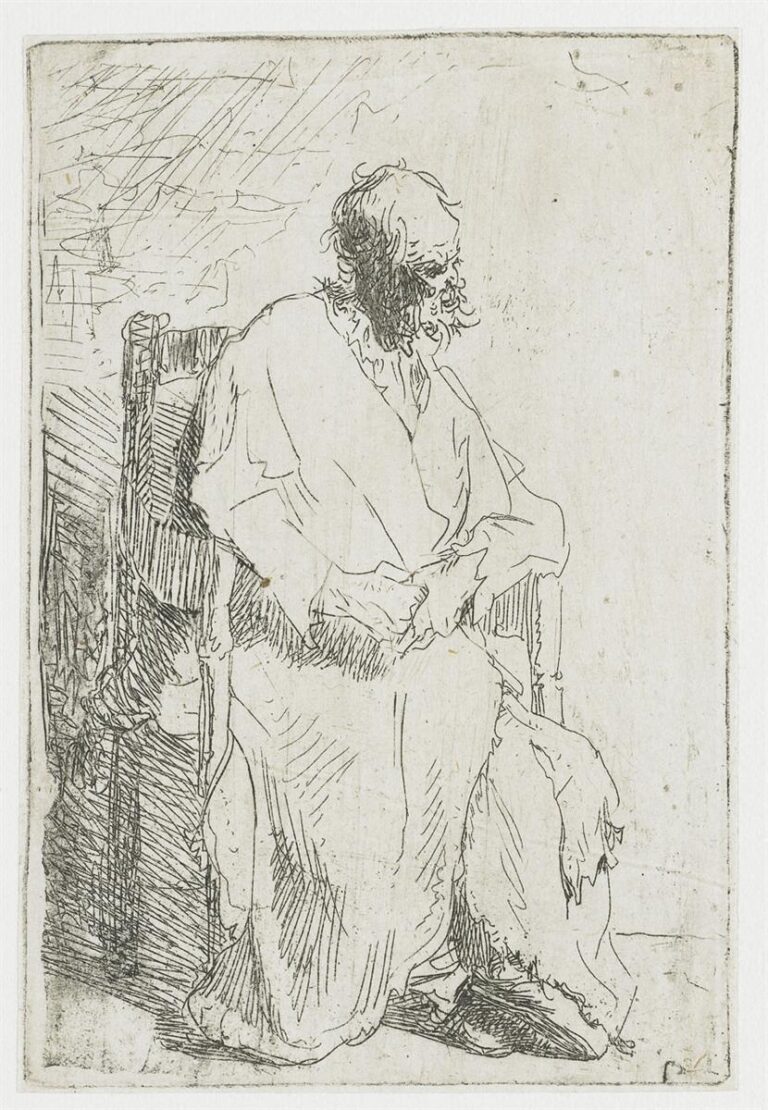 An etching of an elderly man in profile seated in a plain armchair, wearing a long robe with deep folds; his hands rest loosely in his lap, his bearded head bows slightly, and sparse background lines leave a quiet, airy space around him.