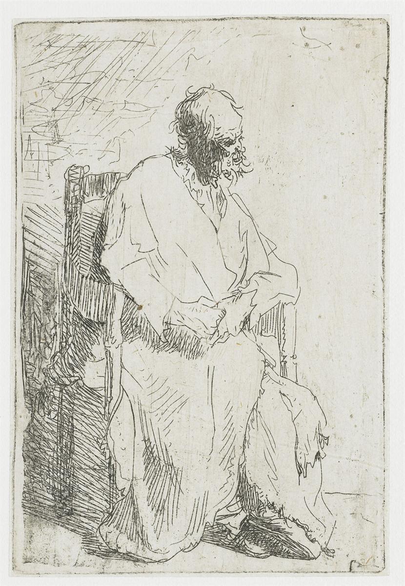 An etching of an elderly man in profile seated in a plain armchair, wearing a long robe with deep folds; his hands rest loosely in his lap, his bearded head bows slightly, and sparse background lines leave a quiet, airy space around him.