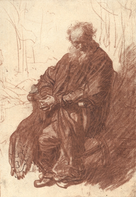 Red-chalk drawing of an elderly bearded man seated in an armchair, head bowed and hands loosely clasped, his heavy robe rendered in broad tonal strokes against a mostly blank background that leaves the figure bathed in quiet light.