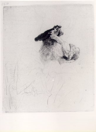 Minimal etching by Rembrandt showing the head and upper torso of an old man in a cap lifting his hand to shade his eyes; dense lines model face, hand, and beard while the rest of the figure fades into faint sketch on a blank white field.