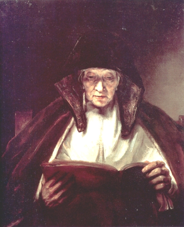 Portrait of an elderly woman in a dark hooded mantle reading a large book; warm light falls on her face, hands, and the open pages while the background remains deep brown and quiet.