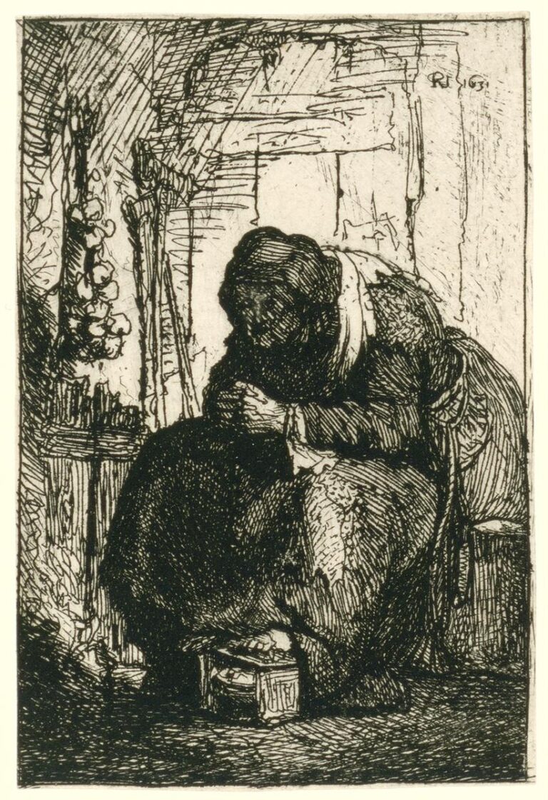Rembrandt’s 1631 etching of an elderly woman hunched in a chair inside a small cottage, hands together over a heavy skirt, a foot-stove at her feet, and a braided string of onions hanging on the wall, rendered in dense black hatchings against a sparse interior.
