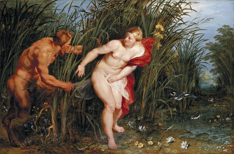 Marsh scene with towering reeds where a nude Syrinx twists to flee as Pan lunges from the thicket; red drapery flashes at her shoulder, ducks burst from water, white lilies dot the foreground, and a narrow channel leads to a blue-grey horizon.