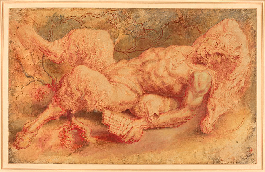 Warm-toned drawing of the rustic god Pan lying on his side with goat legs folded, muscular torso glowing, head resting on a pelt, vines and grape clusters surrounding him as he loosely holds his panpipes.