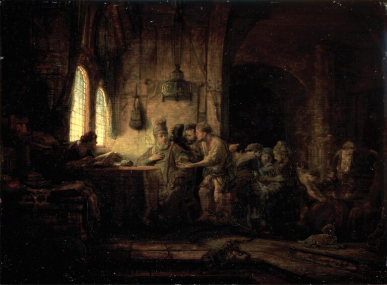 Dim interior with arched windows lighting a table where a paymaster and clerk count wages; a crowd of workers presses in from the right, some protesting, others departing; rich chiaroscuro emphasizes hands, coins, and faces in Rembrandt’s 1637 scene “Parable of the Laborers in the Vineyard.”