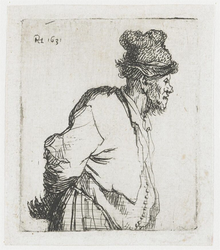 Rembrandt’s 1631 etching of a peasant in profile walking left, hands clasped behind his back, wearing a soft fur cap and loose shirt with creased sleeves, described in crisp linear strokes against a blank background.
