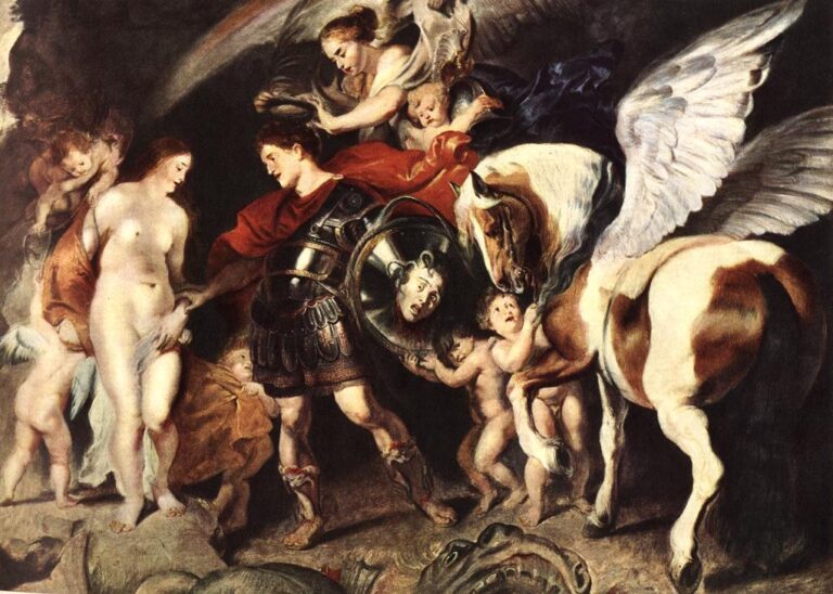 Baroque scene by Rubens of Perseus in armor with Pegasus and swirling putti offering his hand to the nude Andromeda; the Medusa head shines on his shield as the slain sea monster lies at the foreground.