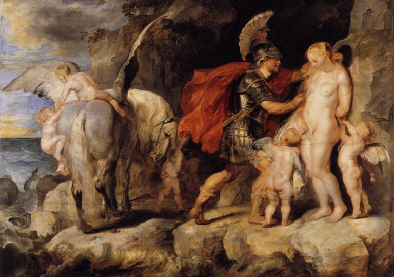 Baroque painting by Peter Paul Rubens showing Perseus in armor loosening the bonds of the nude Andromeda on a rocky shore while putti assist and Pegasus waits at left above a churning sea with a retreating sea monster.