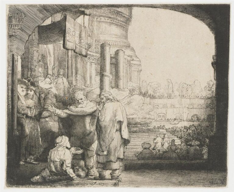 Rembrandt etching of a temple gate where Peter reaches toward a kneeling beggar, John stands beside him, and a bright courtyard with crowds and columns opens beyond an arch that frames the scene.