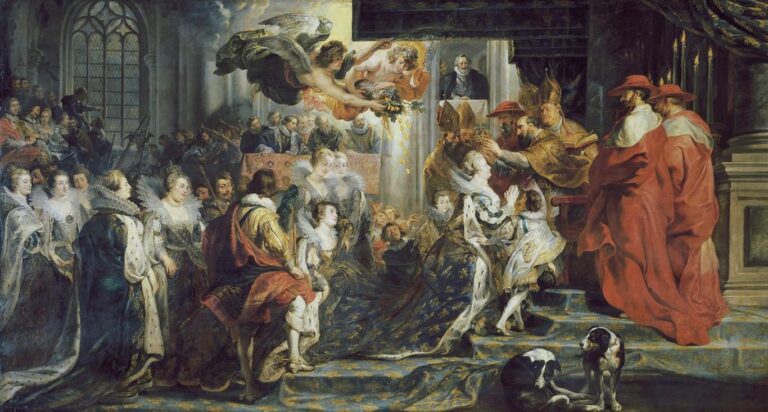 Vast Baroque scene by Peter Paul Rubens showing Marie de’ Medici kneeling on a blue fleur-de-lis carpet as bishops and cardinals crown her; angels descend with a wreath and coins, crowds of courtiers watch, and rich draperies and architecture frame the ceremony.