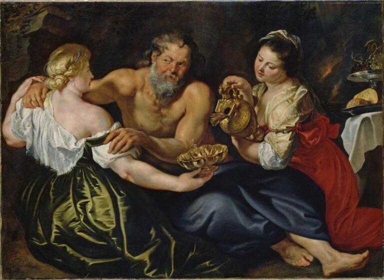 In a dark grotto, a bare-chested Lot sits between his two daughters; one pours wine from a golden ewer while the other offers an ornate cup, their rich green and red garments gleaming as fruit and a smoky sky suggest the burning of Sodom beyond.