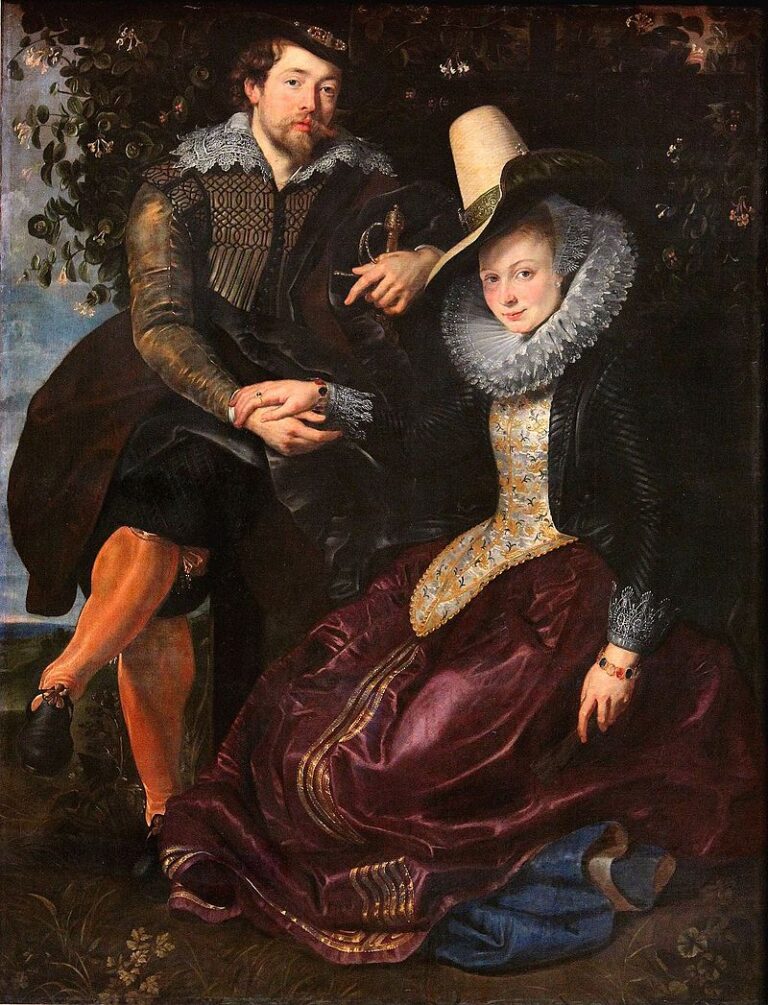 Rubens and his wife Isabella Brant sit beneath a leafy honeysuckle arbor, hands joined, wearing sumptuous black and mulberry garments with lace ruffs; light glows on satin and jewelry as the couple gaze calmly outward in an intimate garden scene.