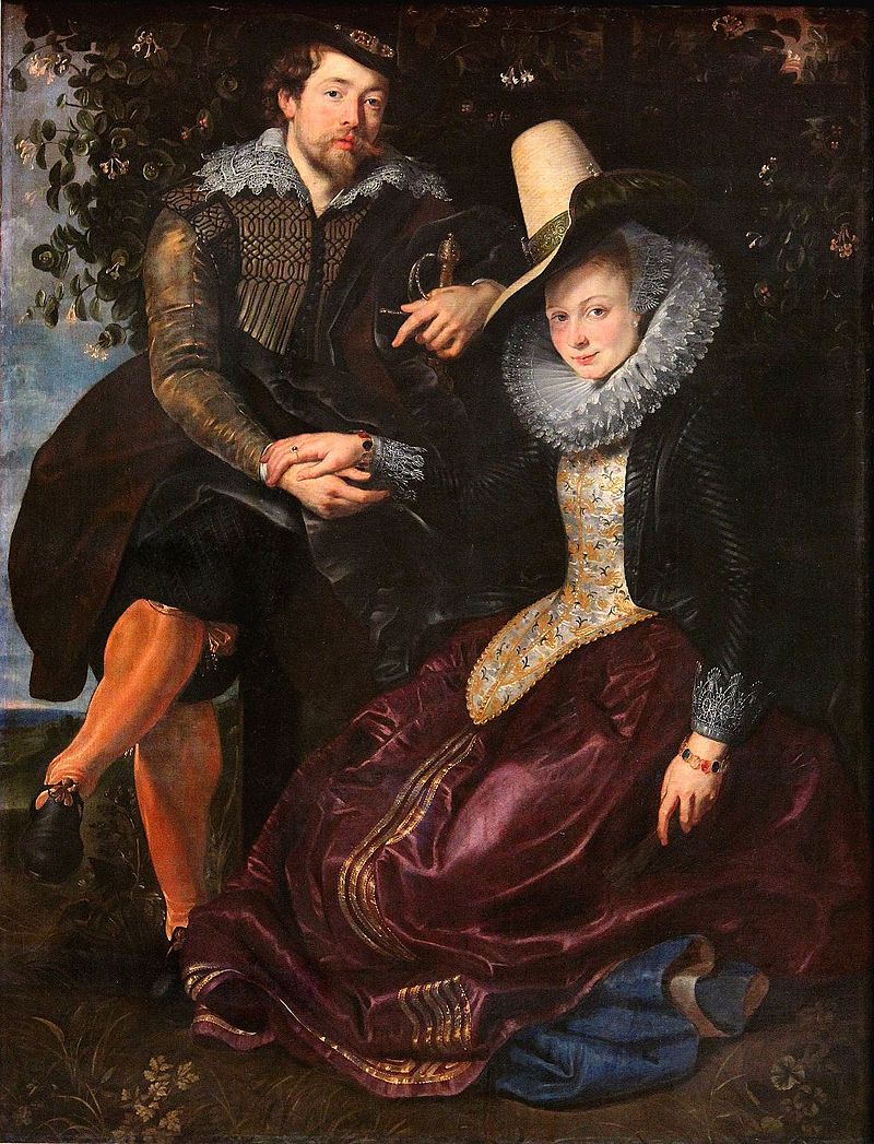 Rubens and his wife Isabella Brant sit beneath a leafy honeysuckle arbor, hands joined, wearing sumptuous black and mulberry garments with lace ruffs; light glows on satin and jewelry as the couple gaze calmly outward in an intimate garden scene.