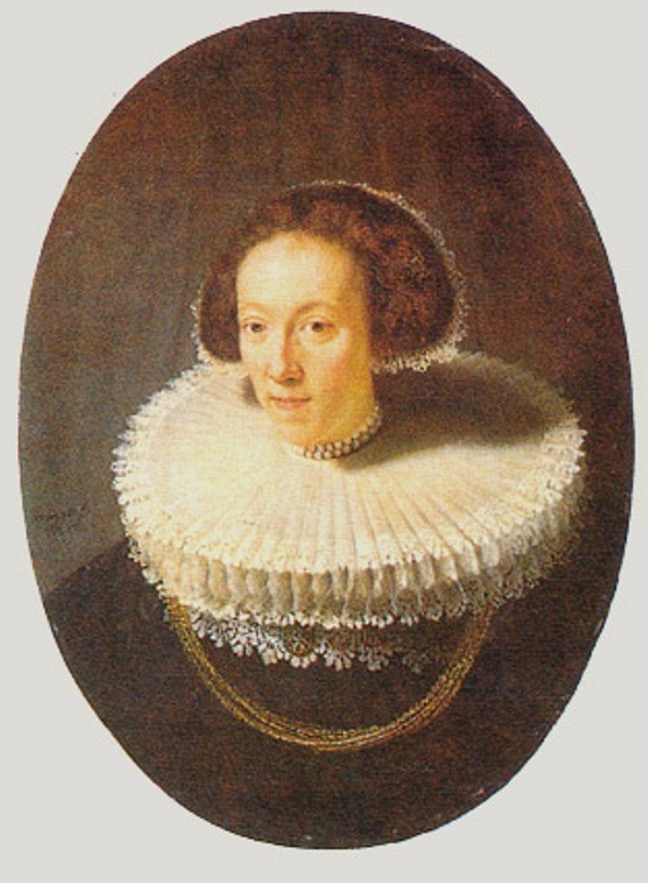Oval portrait by Rembrandt of Petronella Buys, head and shoulders with a brilliant white millstone ruff, pearl necklace, and dark dress, softly lit against a warm neutral background.