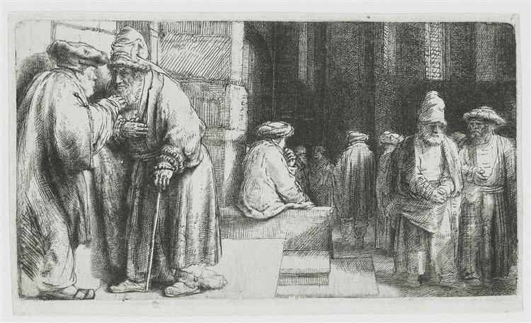 Rembrandt etching of a synagogue interior with elders in robes and caps; two men whisper in the bright foreground, a seated figure turns to listen, and groups of congregants recede into a dark nave framed by massive stone piers.