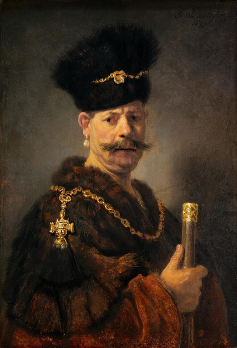 Bust-length man in a tall black fur hat with gold chain, heavy fur mantle and gold chain of office, pearl earring, large mustache, and a staff with gilded finial held in the right hand; neutral gray-brown background with Rembrandt’s signature and date at the upper right.