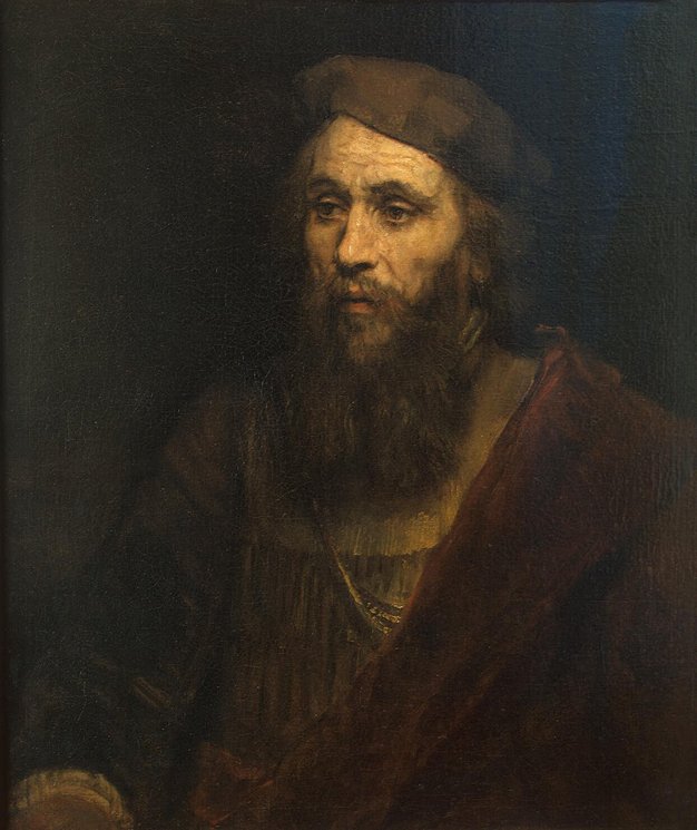 Half-length Rembrandt portrait of a bearded man in a soft brown cap and dark red cloak, face turned slightly left and softly lit against a deep brown background; rich brushwork and warm earth tones create an intimate, thoughtful presence.