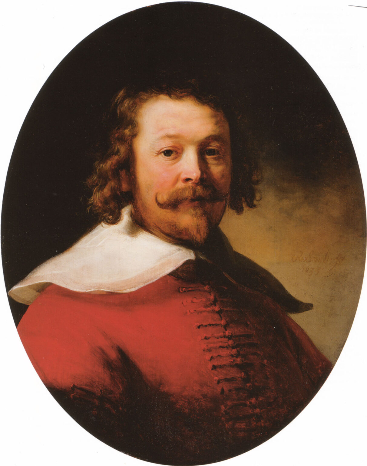 Oval portrait of a mustached man turning toward the viewer, wearing a vivid red doublet and wide white collar against a dark background, his face warmly lit with calm, direct gaze.