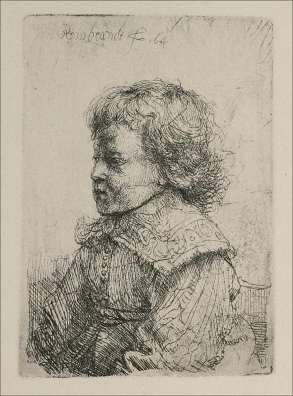 Small etched profile portrait of a young boy by Rembrandt, with tousled hair, an ornate collar, and a patterned doublet; delicate cross-hatching models the soft face against a lightly shaded background.