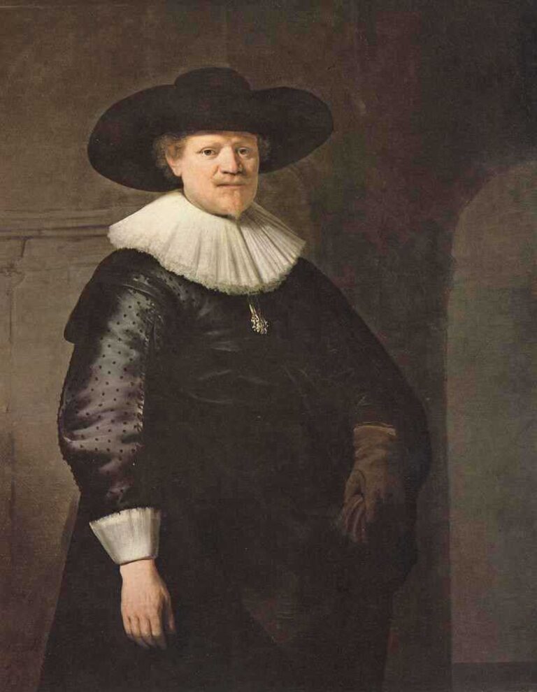 Three-quarter-length portrait of a man in a broad black hat, crisp white ruff, and dark satin attire, one hand relaxed and the other gloved at his hip, softly lit against a muted architectural background.