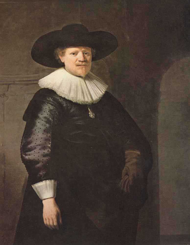 Three-quarter-length portrait of a man in a broad black hat, crisp white ruff, and dark satin attire, one hand relaxed and the other gloved at his hip, softly lit against a muted architectural background.