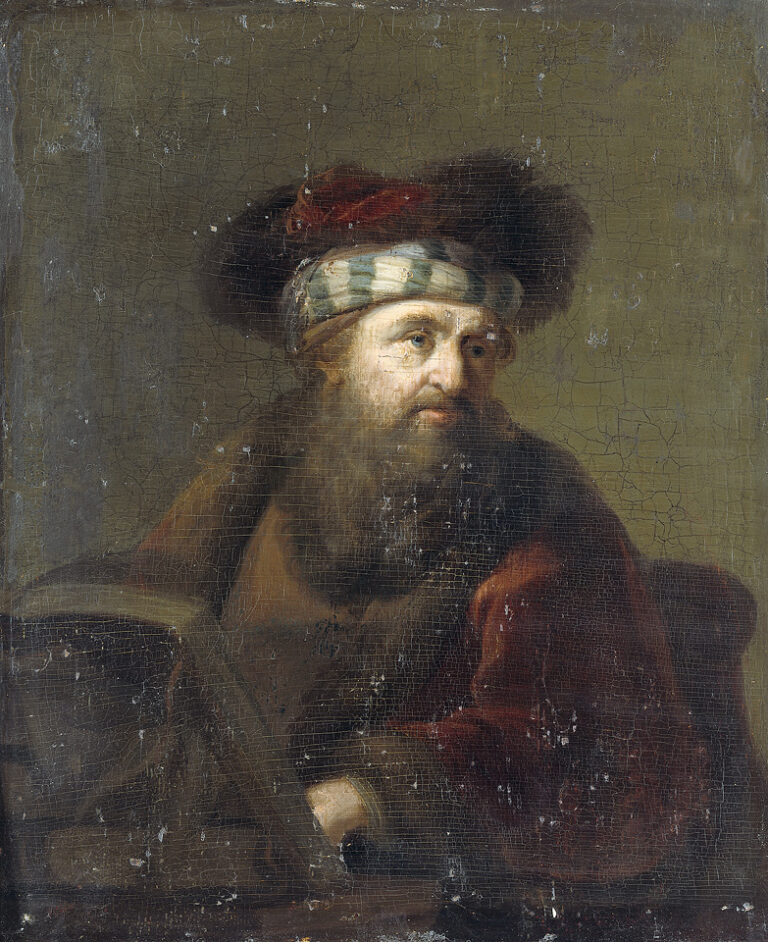 Rembrandt portrait of a bearded scholar in a striped headcloth and dark plume, warmly lit as he sits beside a reading stand, with a heavy robe and olive-brown background creating a calm, contemplative atmosphere.