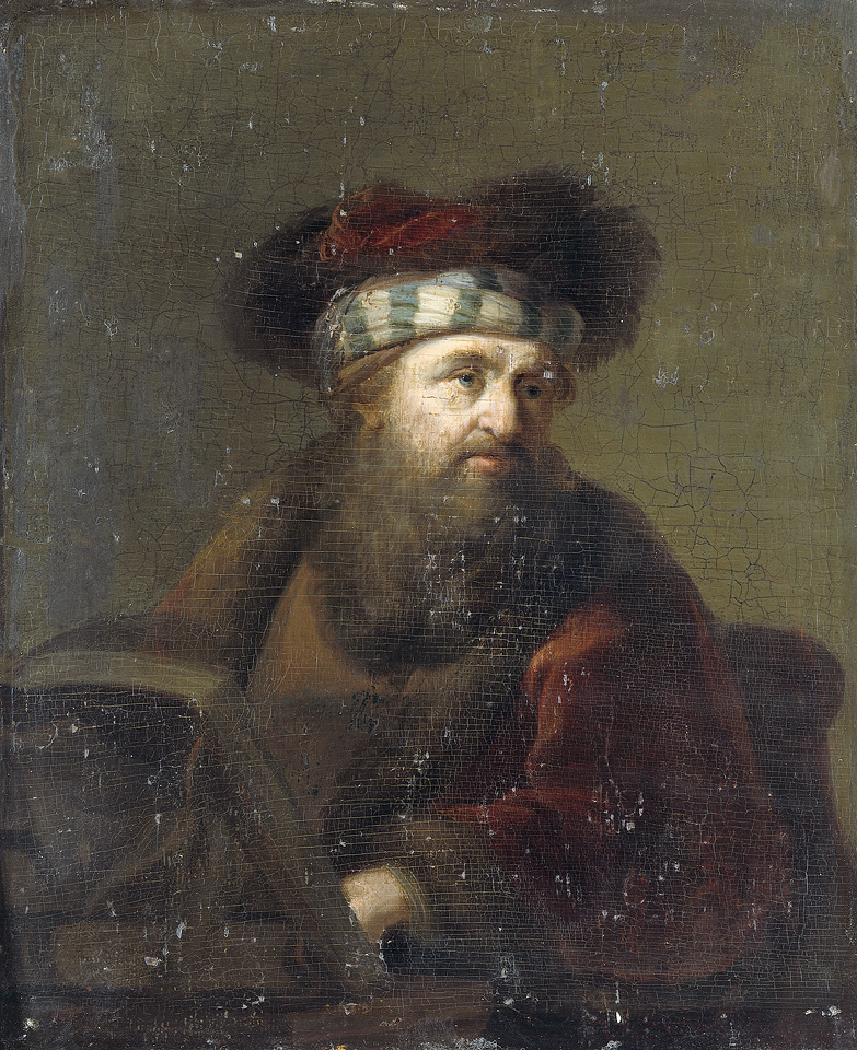 Rembrandt portrait of a bearded scholar in a striped headcloth and dark plume, warmly lit as he sits beside a reading stand, with a heavy robe and olive-brown background creating a calm, contemplative atmosphere.