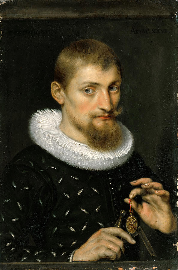 Half-length portrait by Peter Paul Rubens (1597) of a young man with a ruff collar holding a gold medal by a red cord and a metal divider, set against a dark background with calm, thoughtful gaze.