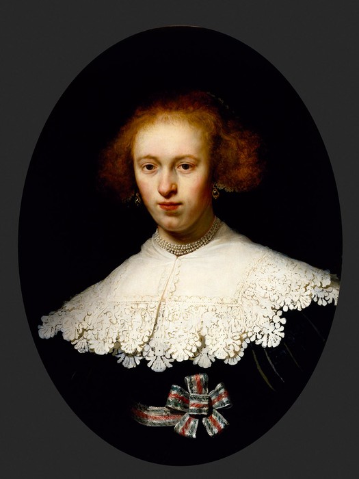 Oval portrait of a young woman with reddish hair, wearing a broad white lace collar, pearl necklace, and small earrings, set against a dark background with a striped bow on her bodice.