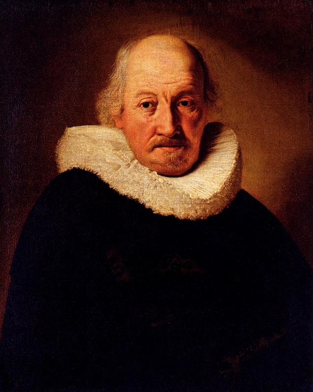 Rembrandt portrait of an elderly man in three-quarter view with a white ruff and dark clothing, his warmly lit face emerging from a dark background, gazing calmly toward the viewer.