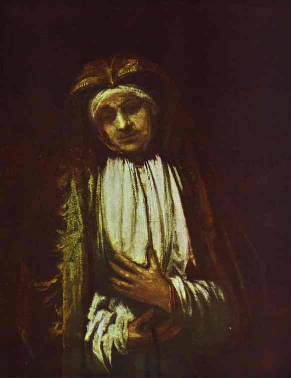 Late Rembrandt portrait of an elderly woman in a dark hood, softly lit from the left, eyes downcast, one hand resting on her chest above a bright white bodice, set against a deep brown background with textured, restrained brushwork.