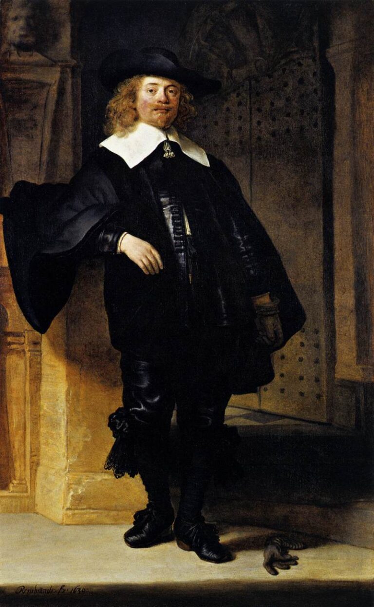 Full-length portrait by Rembrandt of Andries de Graeff standing in black satin with a white collar and broad hat, one hand resting on a stone pier and the other gloved at his side, framed by a column and an open doorway with a glove on the step.