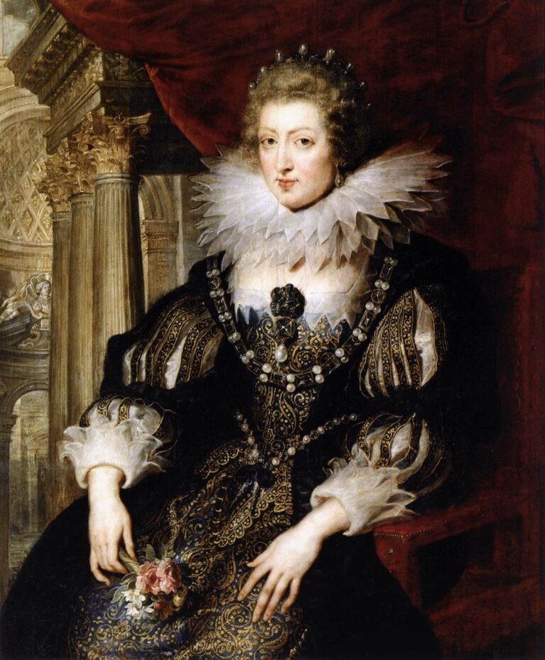 Seated three-quarter portrait of Anne of Austria under a red canopy, wearing a black-and-gold brocade gown with a large white ruff and pearl jewels, holding a small bouquet, with classical palace architecture in the background and soft light modeling her composed face.