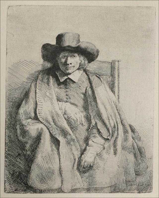 Rembrandt etching of Clement de Jonge seated frontally in a chair, wearing a broad hat and voluminous cloak, a gloved hand resting on his knee, rendered with delicate cross-hatching and soft, even light.