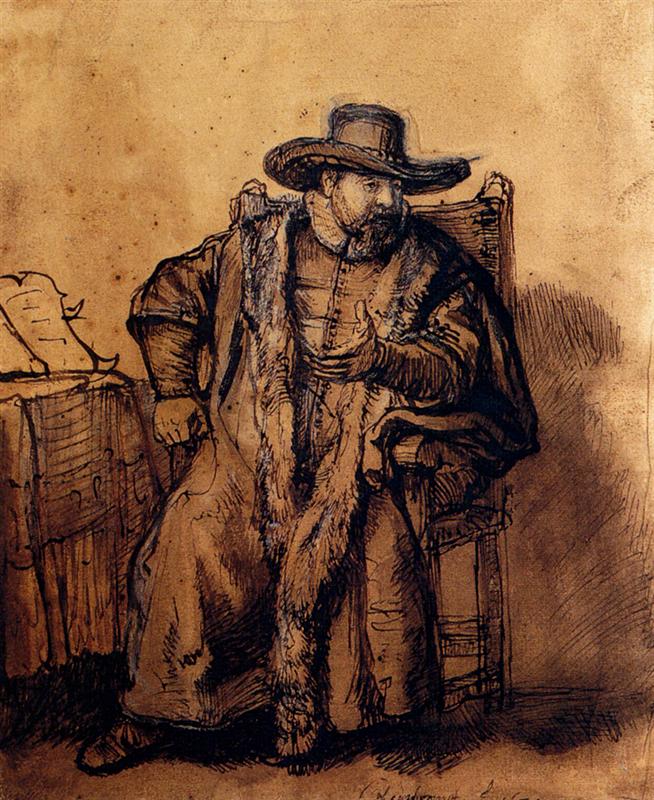Brown ink and wash drawing by Rembrandt of a bearded man in a broad-brimmed hat and fur-trimmed coat seated in a sturdy chair, turning toward the left with one hand gathering his garment and a table with papers at the picture’s edge.
