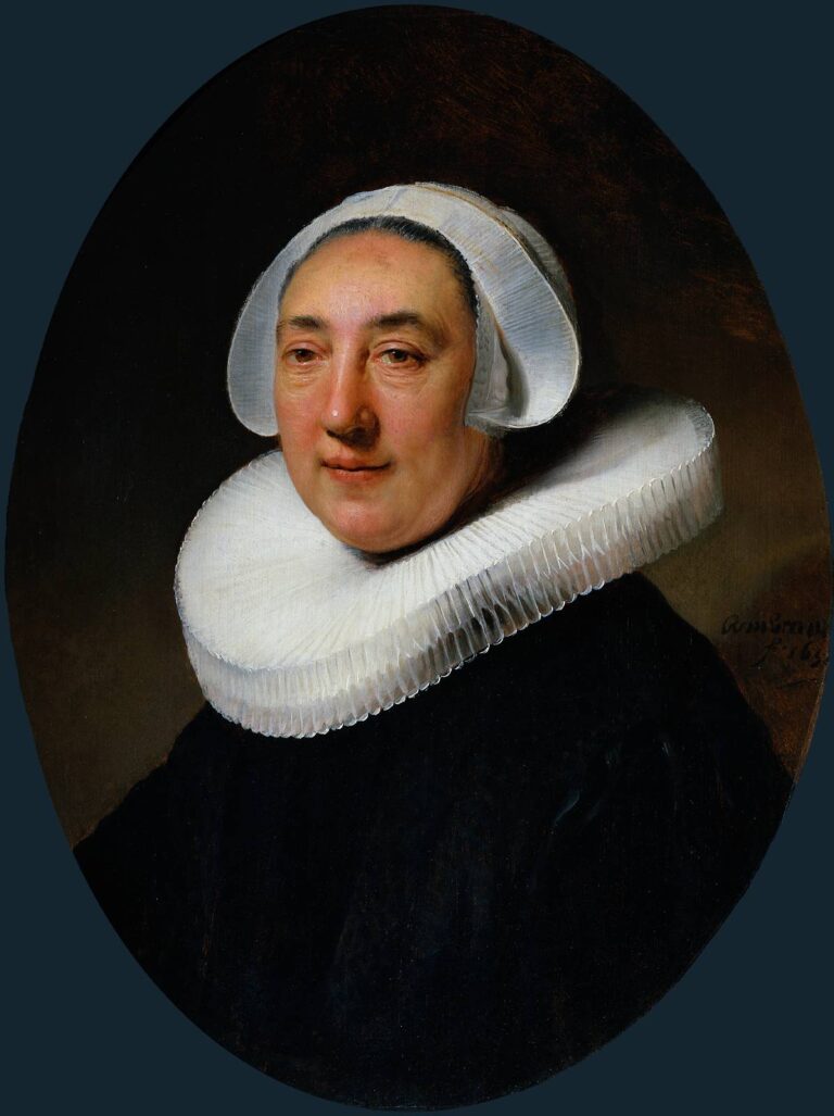 Oval half-length portrait of Haesje van Cleyburgh in black dress with a crisp white ruff and translucent cap, softly lit against a brown ground, painted by Rembrandt in 1634.