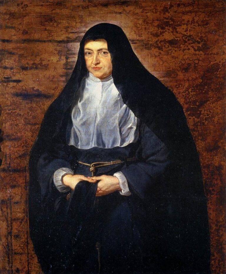 Full-length portrait of Isabella Clara Eugenia by Rubens, shown in a dark Franciscan habit with white blouse and rope belt against a warm brown ground, hands folded and gaze steady, painted with quiet luminosity.