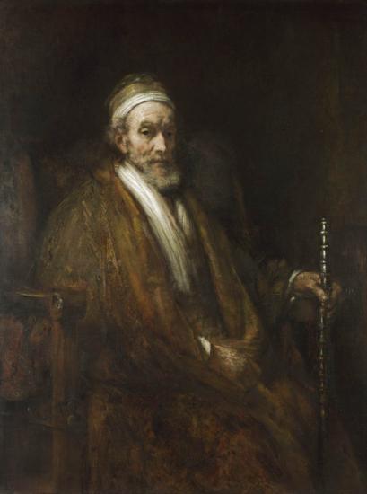 Seated portrait of Jacob Trip by Rembrandt: an older Dutch merchant in brown robe and white scarf, soft cap, and right hand resting on a cane, softly lit against a dark atmospheric background with rich, textured brushwork.